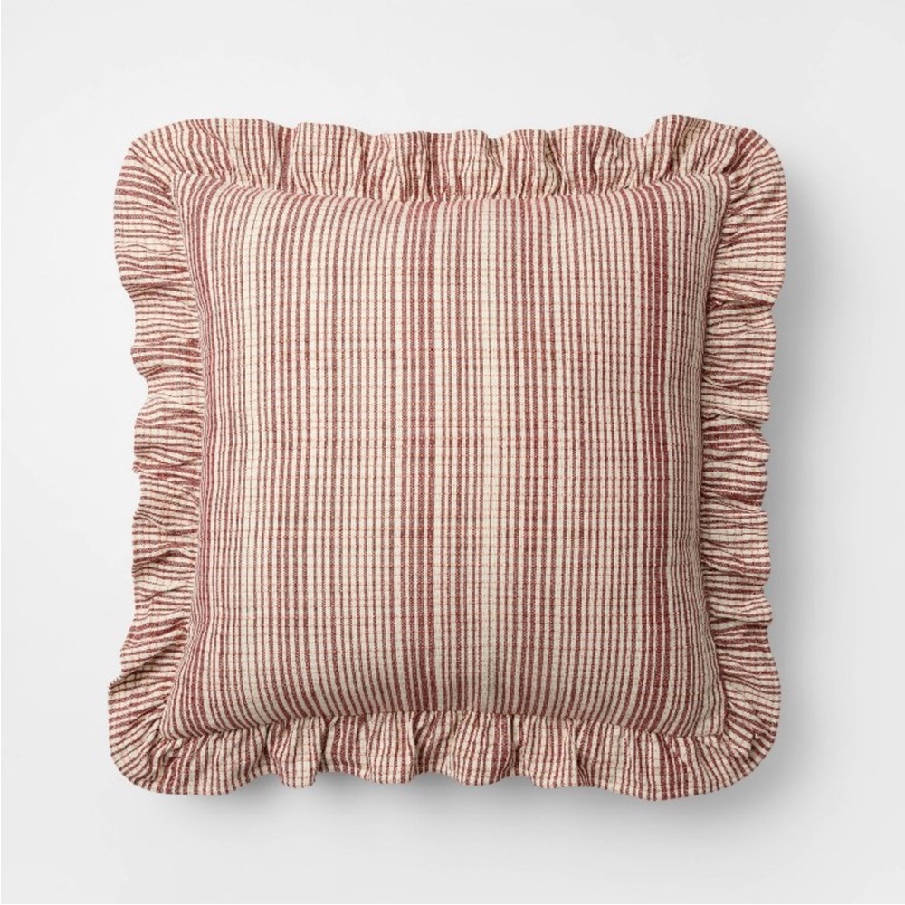 24"x24" Uneven Plaid with Ruffle Pillow Burgundy/Cream - Threshold™ studio mcgee